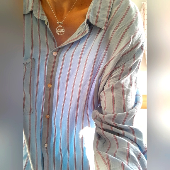 Oversized Striped Button Shirt Gorgeous Fabric Loose & Flowy Lrg 100% Rayon - Picture 15 of 16